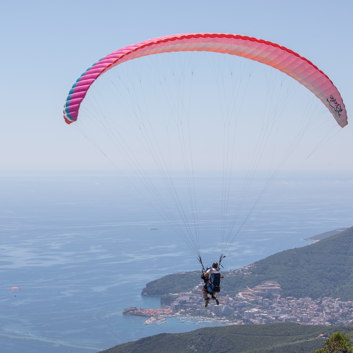 Paraglider with a pink and white wing flying towards Budva Old Town and marina, Montenegro.